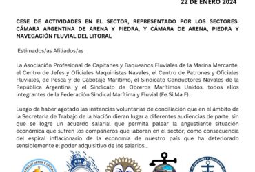 Cese de actividades en el sector, representado por los Sectores: Cámara Argentina de Arena y Piedra y Cámara de Arena, Piedra y Navegación Fluvial del Litoral